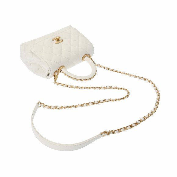 CHANEL Matelasse Coco Handle XXS Chain White AS2215 Women's Caviar Skin Handbag - Picture 3 of 10